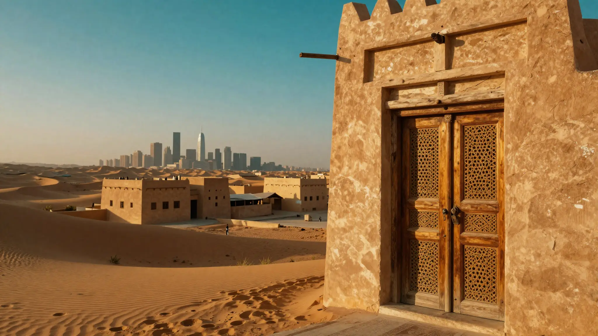 مشهد تحريري يجسّد تراث العرب وتنوّع الوطن العربي بين العمارة الصحراوية التقليدية والأبواب الخشبية المزخرفة وأفق المدن الحديثة
